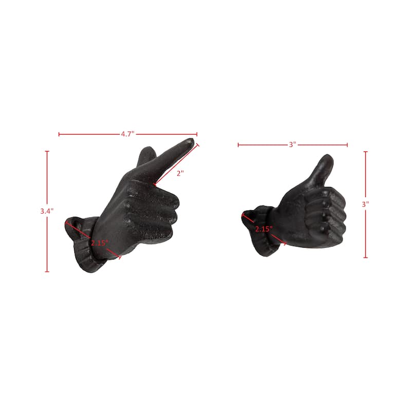 "Thumbs up & Pointing Finger" Dark Brown Cast Iron Wall Mount Hook Set (Set of 2)