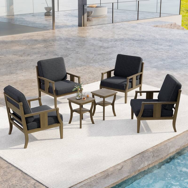 6-Piece Outdoor Teak Seating Set Armchair Patio Conversation Sets with 2 Tables, Cushion