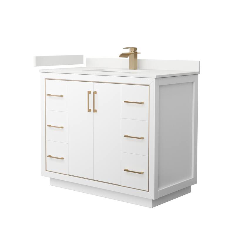 Wyndham Collection WCF111142S-QTZ-UNSMXX Icon 42" Free Standing Single - White / White Quartz Top / Satin Bronze Hardware