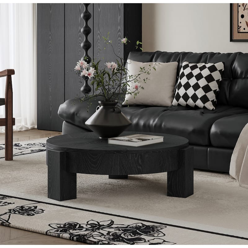 33" Round Coffee Table with Hidden Storage, Parquet Veneer Top Table, 3 Block Legs Sturdy Center Accent Table for Living Room