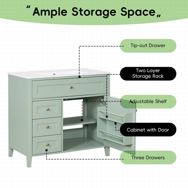 36-Inch Bathroom Vanity with Sink, Modern MDF and Rubberwood Cabinet with 3 Drawers and Adjustable Shelf, Freestanding Vanity