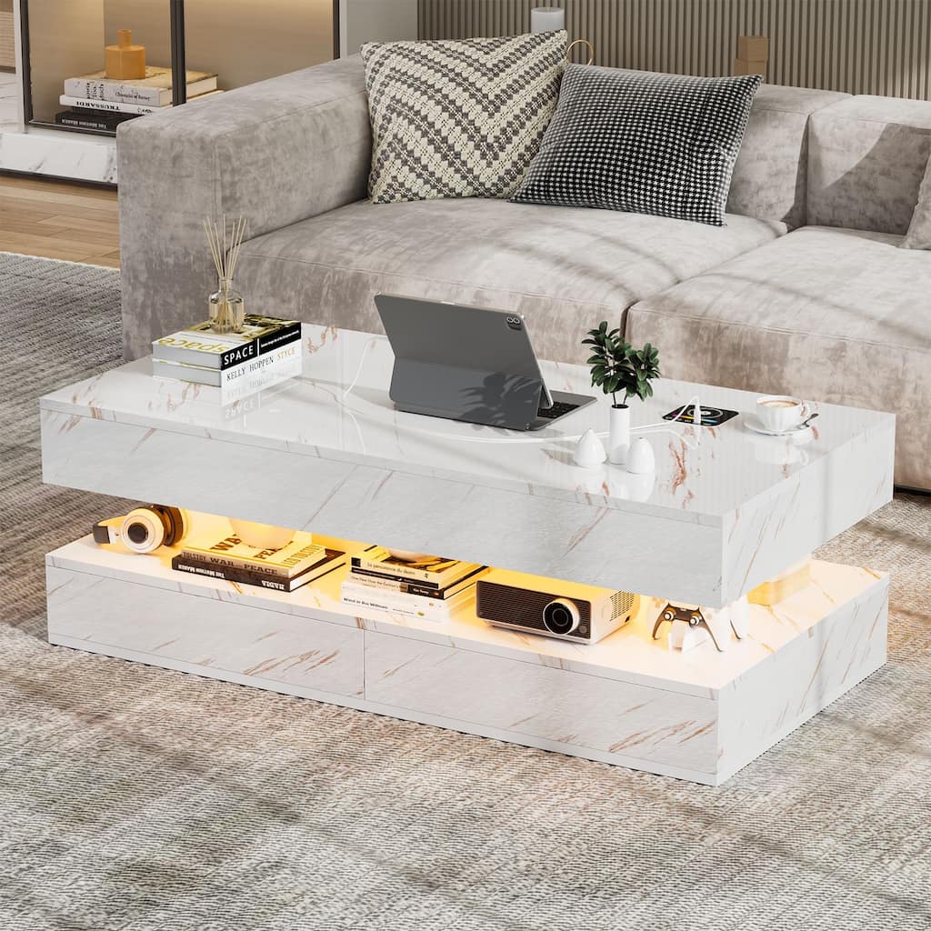 Smart LED Coffee Table 47.2" with Bluetooth Speaker & Wireless Charging, Modern White Marble Center Table