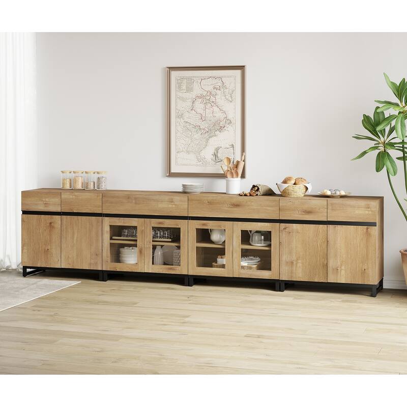 4 in 1 Sideboard Buffet Cabinets with 2 Drawers & Glass Doors, Modern Credenza with Adjustable Shelf and Metal Base - 126 inches - Oak