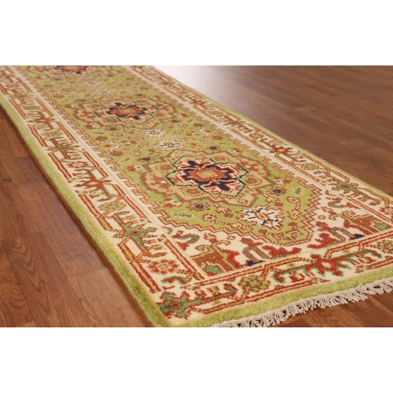 Light Green Heriz Serapi Indian Runner Rug Hand-Knotted Wool Carpet - 2'6" x 8'0" - Green - 2'6" x 8'0"