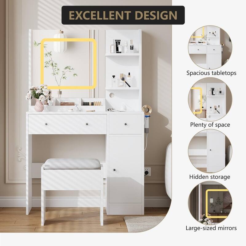 Vanity Desk with LED Mirror, 3 Drawers & Open Shelves, Charging Station, and Stool