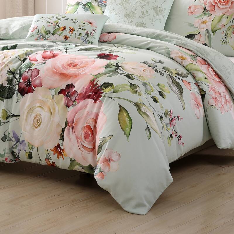 Bebejan Rose on Misty Green 100% Cotton 5-Piece Reversible Comforter Set