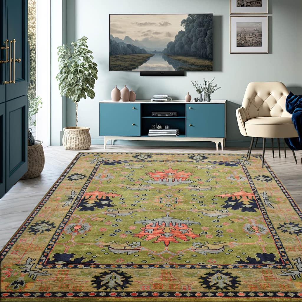 Hand Knotted Green Turkish Oushak Wool Traditional Oriental Rug