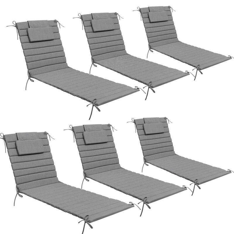 Outdoor Chaise Lounge Cushion Quilted Patio Sun Lounger Pad with Straps - 6PC - Light Gray, Fits 78"-82" chaise