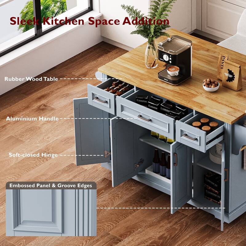 Kitchen Island with Drop Leaf, Adjustable Shelf, Spice Rack, Towel Rack, 2 Doors and 5 Drawers