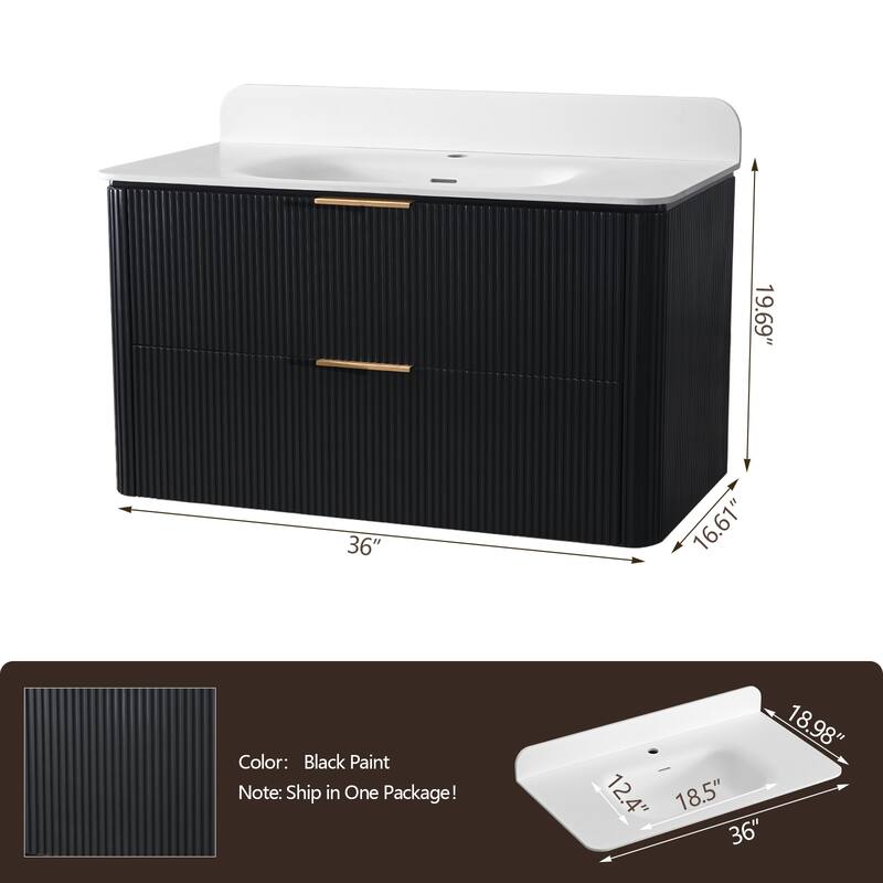 36" Floating Bathroom Vanity with Integrated countertop Rectangulare Sink Solid Wood