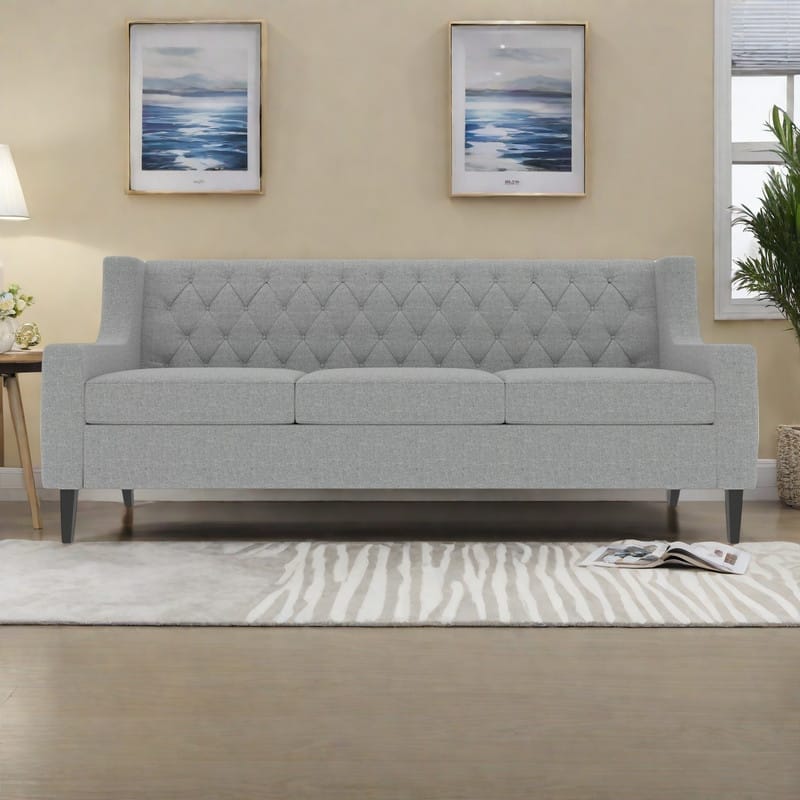 78.75" Polyester Button-Tufted Mid-Century Modern 3-Seater Sofa with High-Resilience Foam Cushions and Sturdy Wooden Frame - Grey