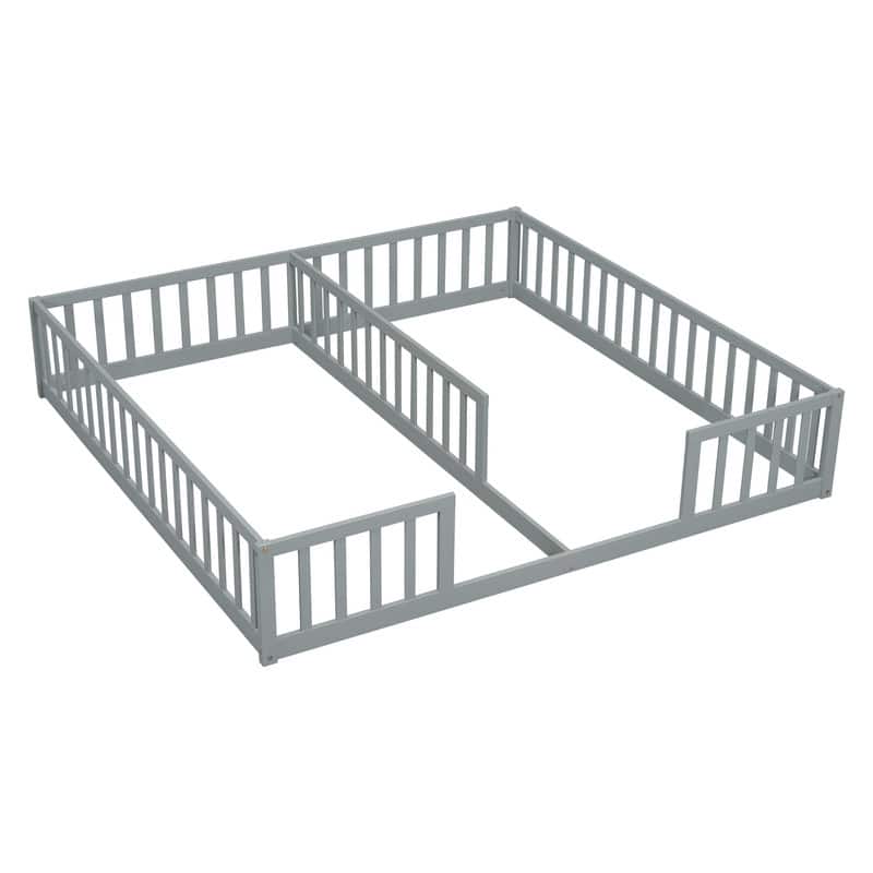 Twin Size Wood Double Floor Bed with Guardrails For Toddlers