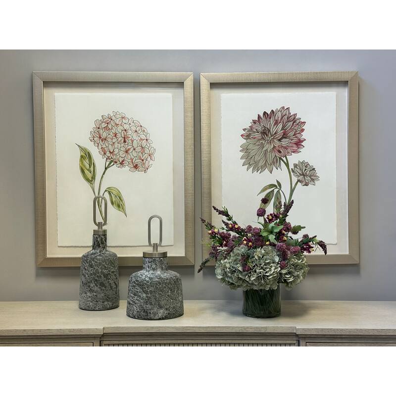 Hydrangeas and Heather Arranged in a Glass Vase with Grass