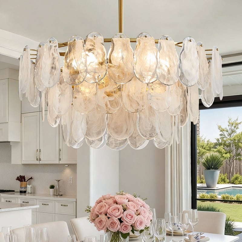 Modern Gold Cloud Glass Chandelier, 23.6" 3-Tier Round Crystal Pendant Light, 9-Light Luxury Ceiling Fixture for Dining Room - Brass
