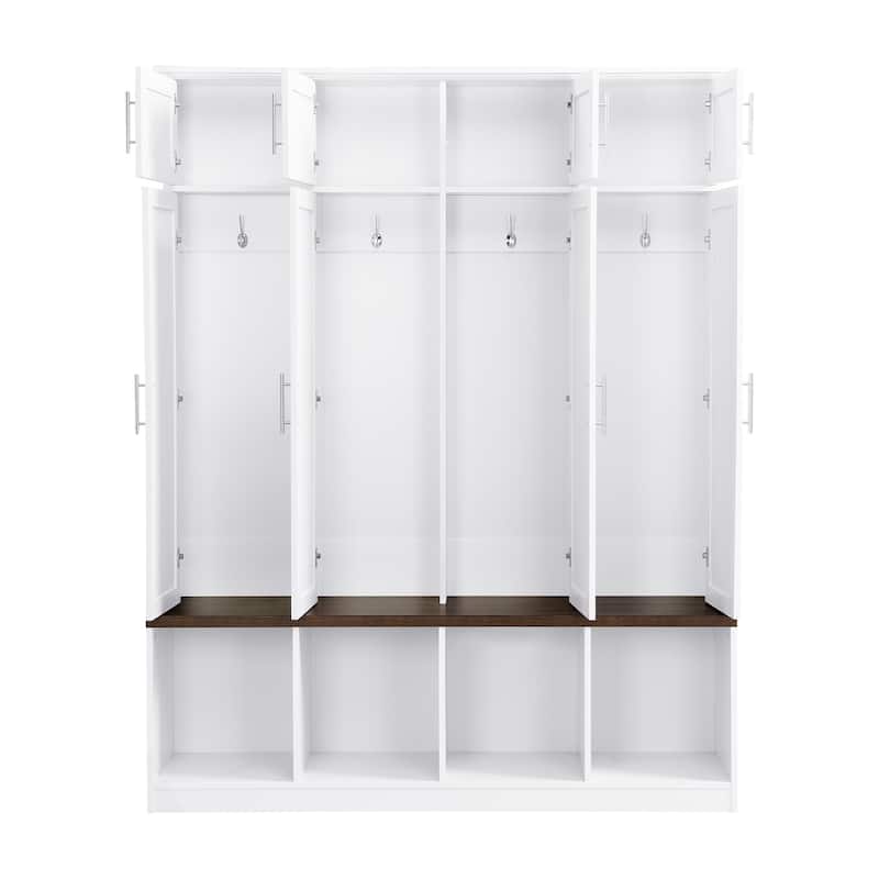 Hall Tree Storage Cabinet with 4 Hidden Hooks, Bench, and Open Compartments