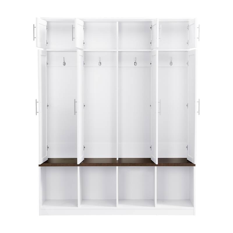 Hall Tree with 4 Hidden Hanging Hooks, Shoe Storage Bench with Storage Cabinets and Shelves, Coat Rack with Open Compartments