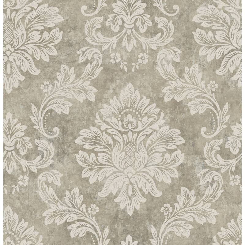 Seabrook Designs Villa Leaf Damask Unpasted Wallpaper - 20.5 in. W x 33 ft. L - Silver Glitter & Greige