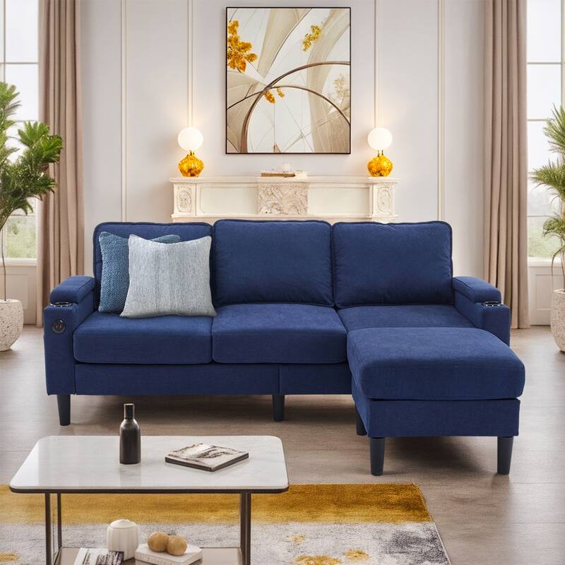 Compact 3-Seat Sofa with Storage Ottoman, L-Shaped Couch with Stool - Blue