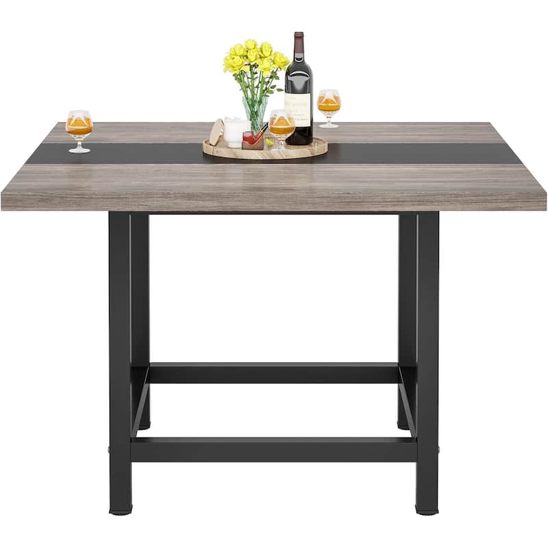 Square Dining Table 39 Inch Two Tone Vintage and Black Finish with Metal Legs Seats 4 People - 39.37" x 39.37" x 29.13"