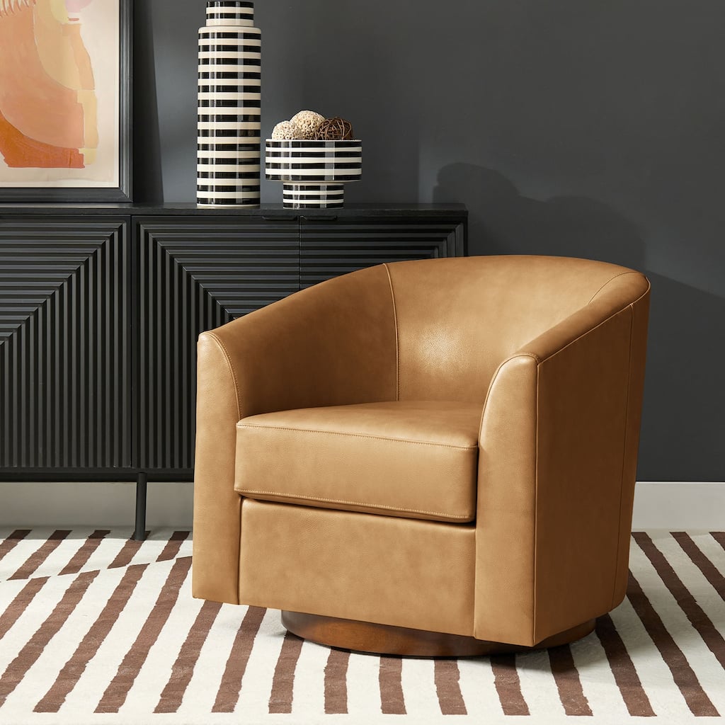 Althea Modern Genuine Leather Swivel Barrel Chair with Solid Wood Base By HULALA HOME