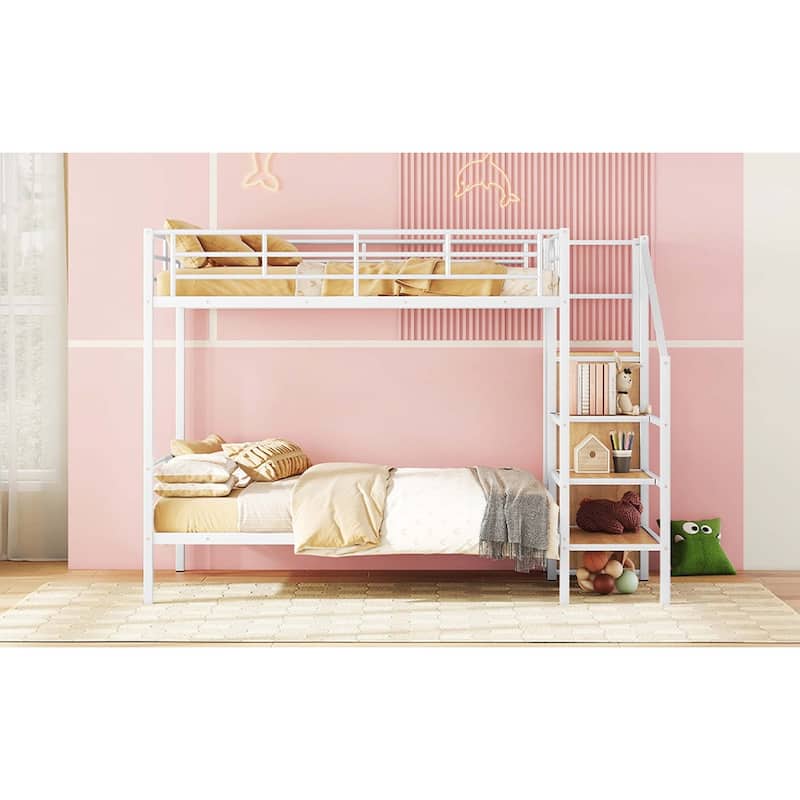 Full Over Full Metal Bunk Bed with Storage Ladder and Wardrobe