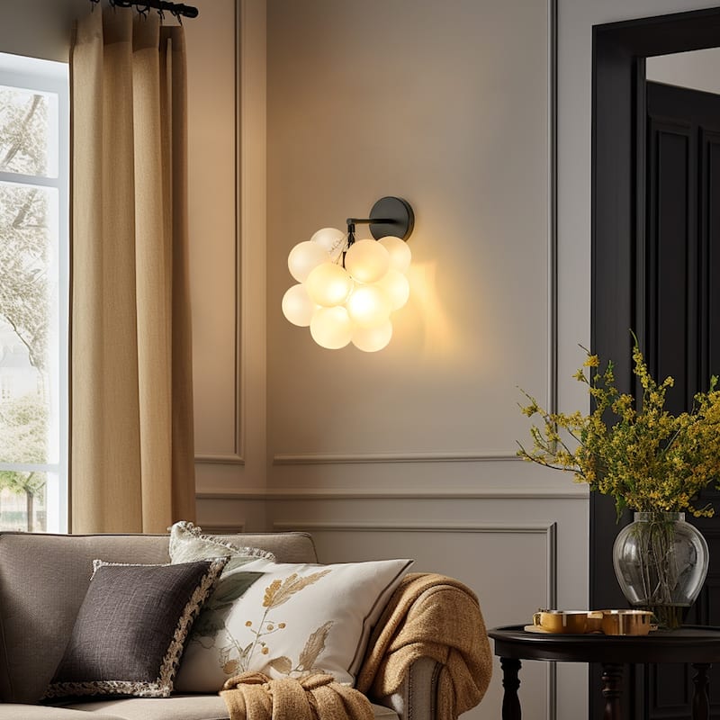 1-Light Modern Glam Dimmable Black Frosted Opal Glass Globe Bubble Wall Light - 11.8 in. W x 11.8 in. H x 14.1 in. D