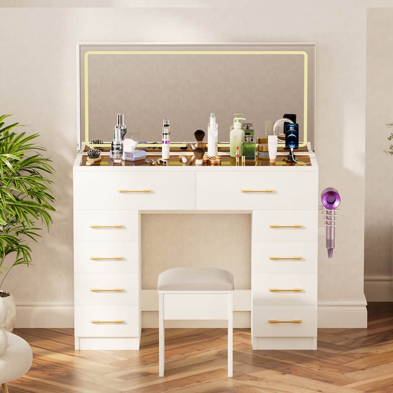 46"Glass Top Vanity Desk with 10 Drawers Makeup Vanity with Mirror and Stool,3 Lighting Modes Dressing Table,Silent Slides