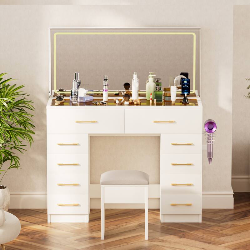 Glass Top Vanity Desk with Light Mirror & Power Outlet, Large Makeup Vanity Set, Dressing Table with 10 Drawers & Stool