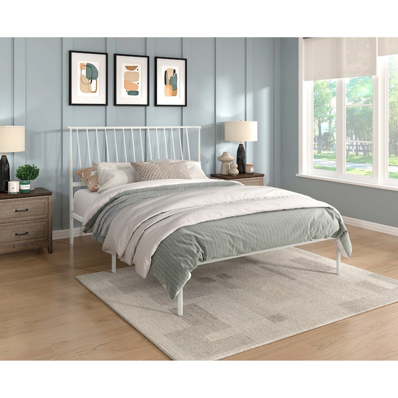 Metal Frame Queen Platform Bed White Finish Angle Headboard Bedroom Furniture 1pc