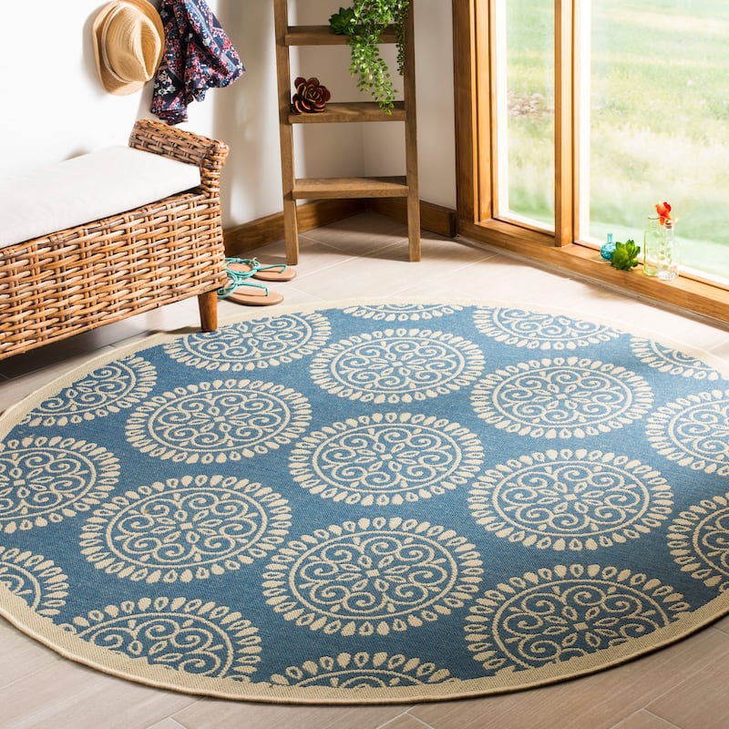 SAFAVIEH Linden Hyrije Indoor/ Outdoor Waterproof Patio Backyard Rug - 6'7" Round - Blue/Creme
