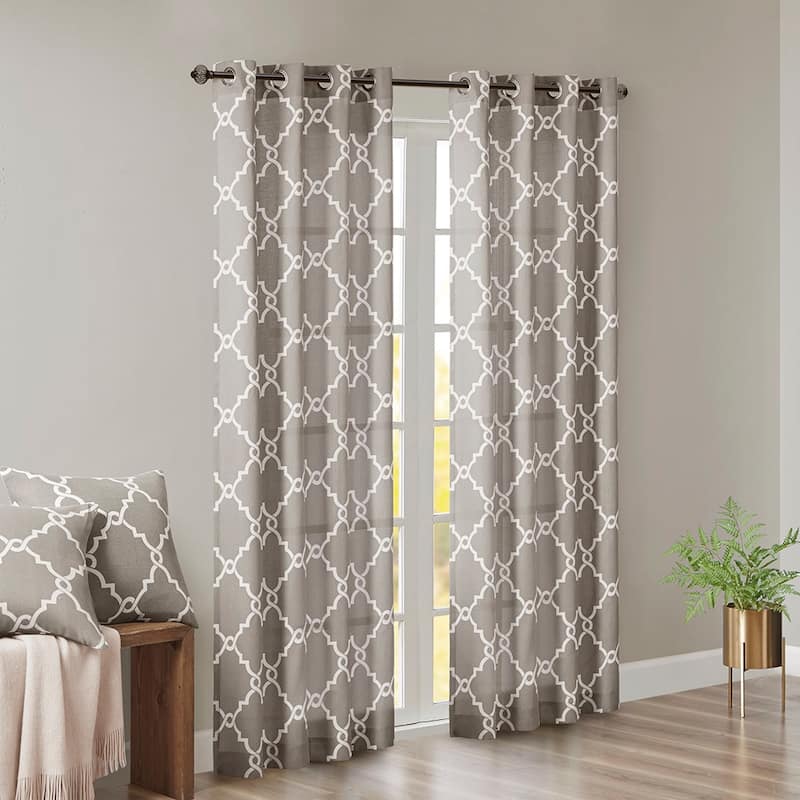Fretwork Print Grommet Top Window Curtain Panel(Only 1 Pc Panel) - Grey+White - 84 Inches