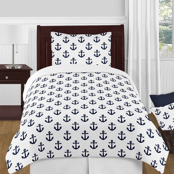 Navy Blue White Anchors Boy Girl 4pc Twin-size Comforter Set - Nautical Ocean Sailboat Sea Marine Sailor Anchor Gender Neutral. Opens flyout.