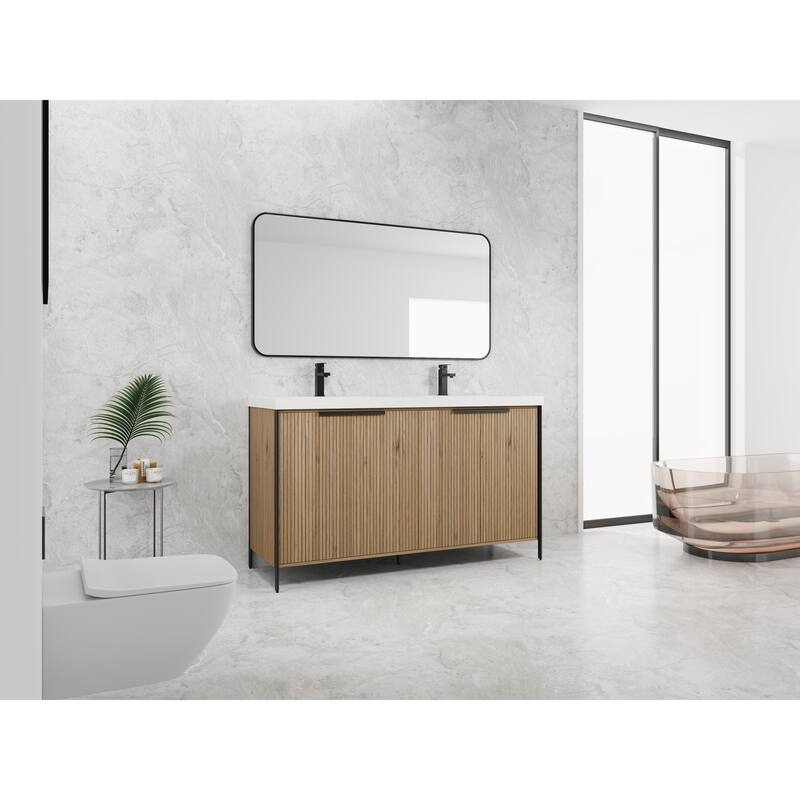 59-inch Double Sink Bathroom Vanity with Adjustable Shelves, Soft-Close Hinges, Resin Basin