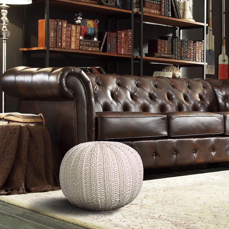 20" Solid Ivory Hand Knitted Round Pouf Ottoman