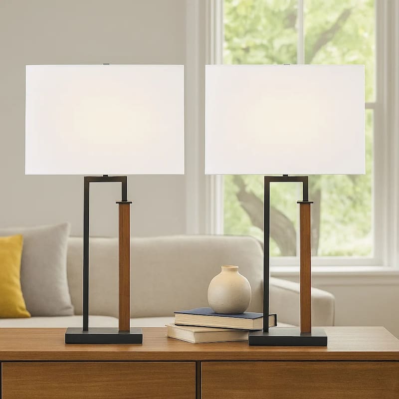 Table Lamp Set of 2, Curved Wired Bronze Base, White Fabric Shade