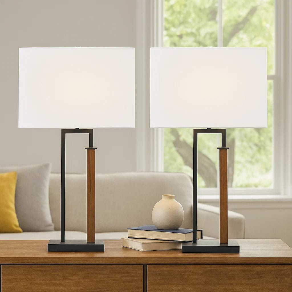 Table Lamp Set of 2, Curved Wired Bronze Base, White Fabric Shade