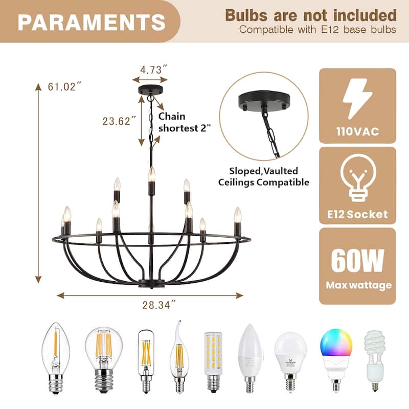 12 - Light Dimmable Black Wagon Wheel Chandelier - N/A