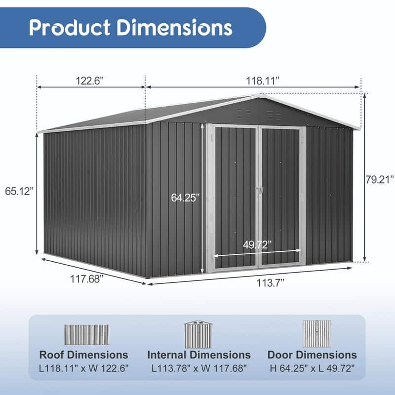 10' x 10' Outdoor Metal Storage Shed, Heavy-Duty Frame with Lockable Double Doors, All-Weather Garden Tool Shed