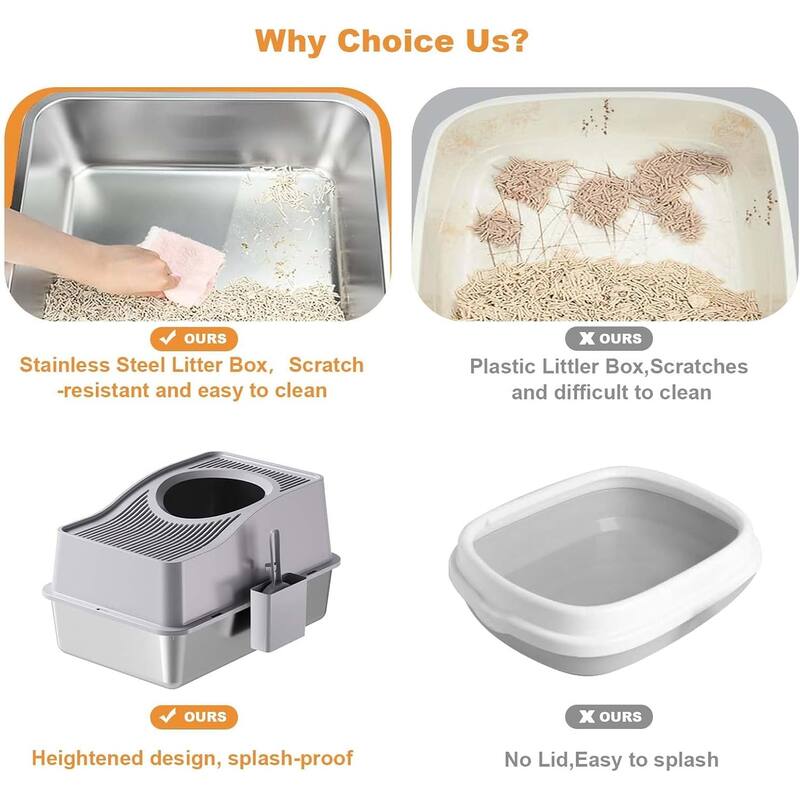Stainless Steel High Sided Cat Litter Box, Enclosed Removable Covered