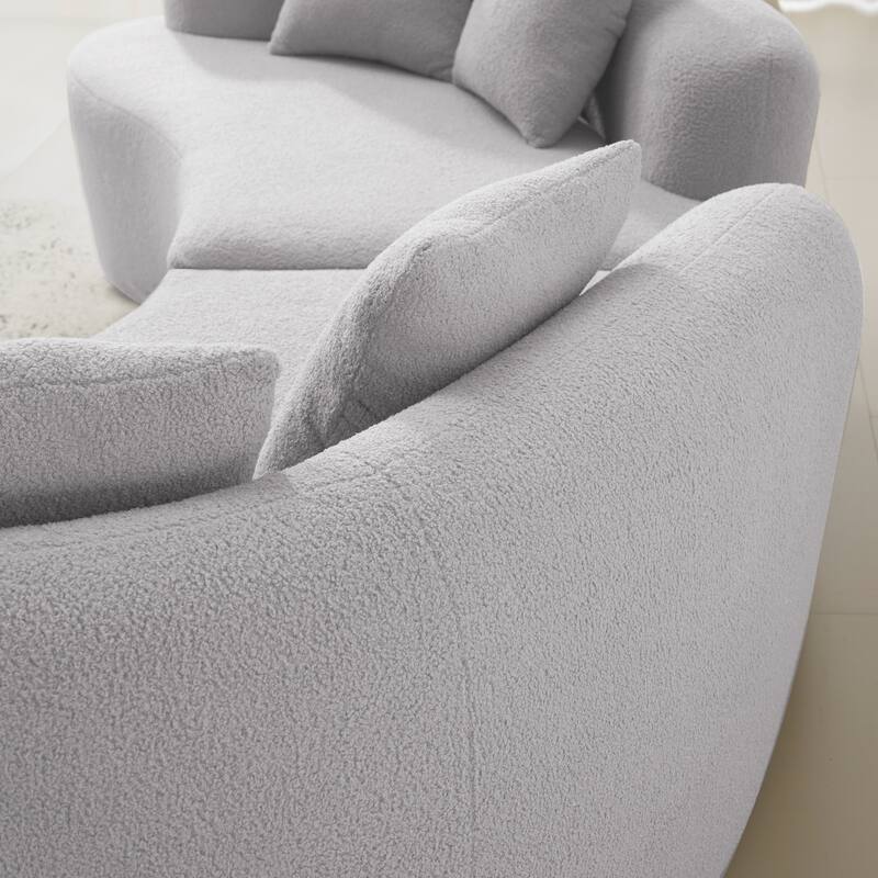 Curved Four Seater Grey Sofa, Teddy Velvet Fabric, No-Assembly for Small Spaces