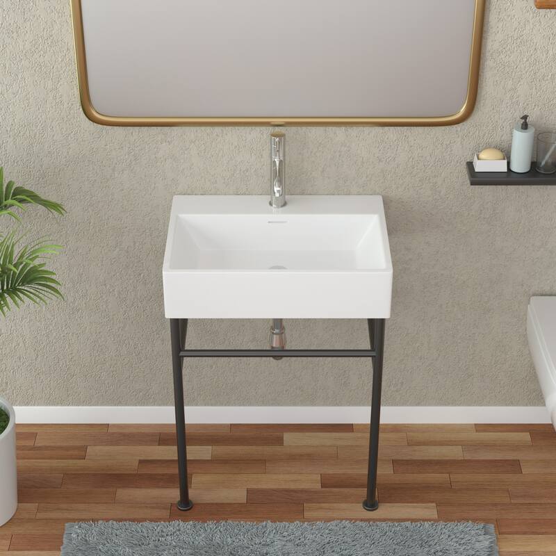 Lordear 24/30 in Ceramic White Single Bowl Console Sink Basin and Black/Gold Legs Combo with Overflow
