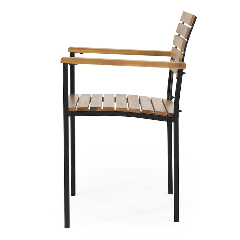 Laris Acacia Wood and Metal Chair Set Teak Black Modern Outdoor Dining Patio Furniture
