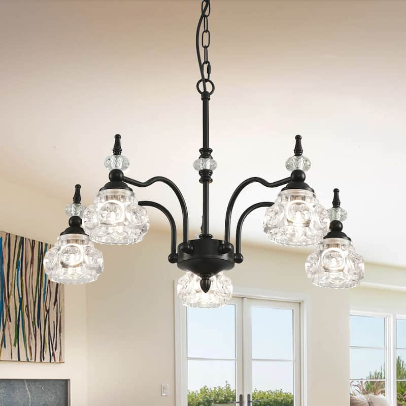Modern Crystal Glass Shade 5-Light Chandelier - Black