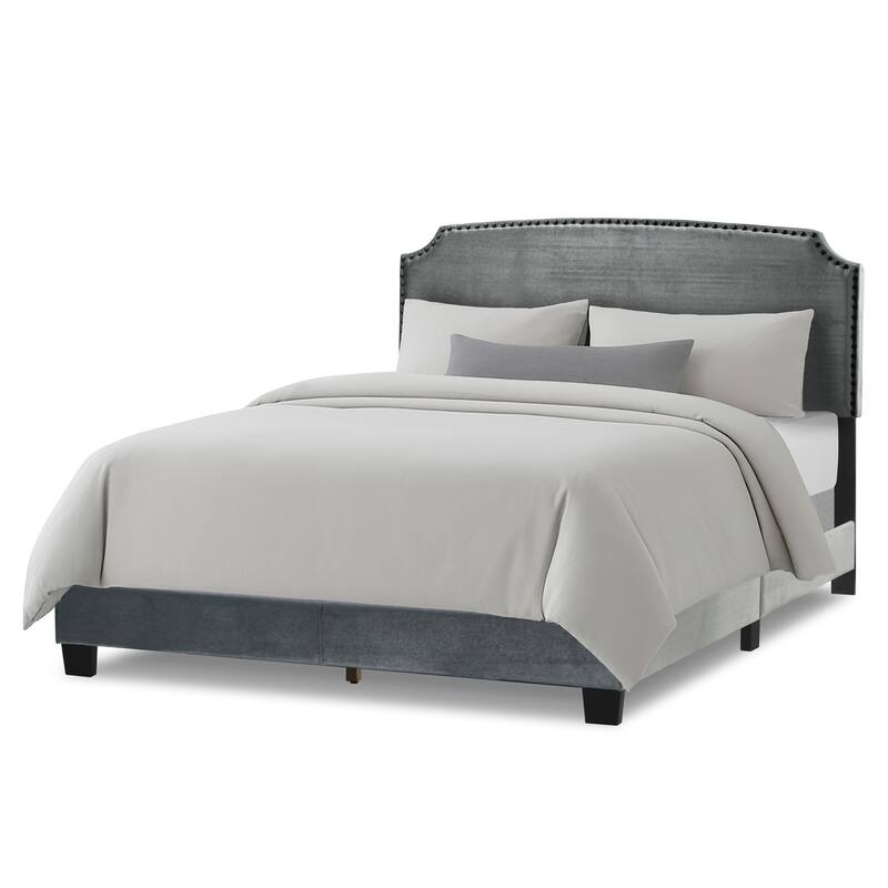 Arezo Silver Grey Velvet Queen Bed with Black Nail Head Trim