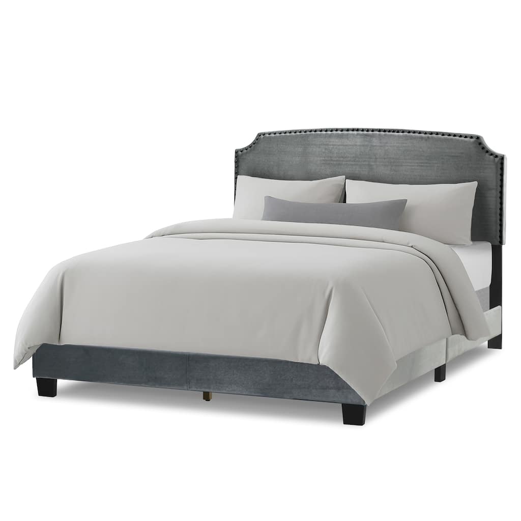 Arezo Silver Grey Velvet Queen Bed with Black Nail Head Trim