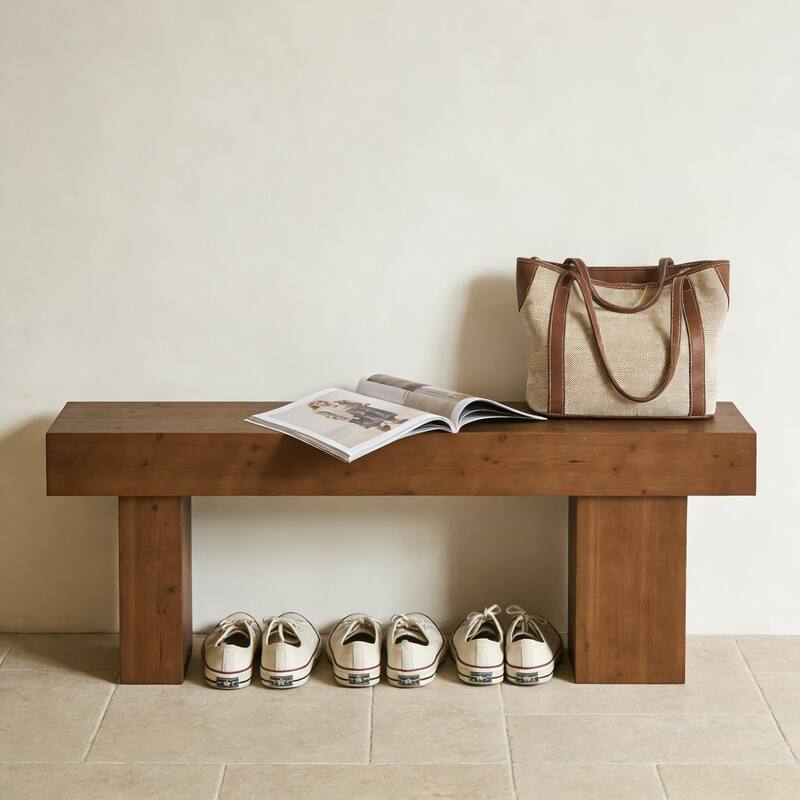 63" Solid Wood Entryway Bench, Extra Long Bed End Bench Dining Bench for Kitchen, Living Room, Bedroom - Brown