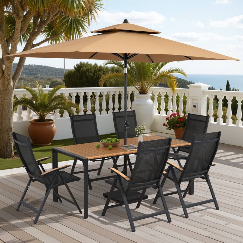 9/11-Piece Outdoor Patio Dining Set Aluminum Dining Table and Chairs w/10 ft Market Umbrella and Base with Wheels