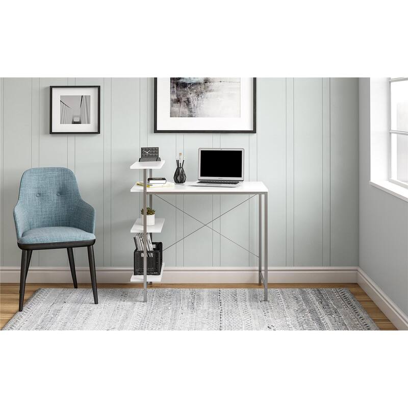 Roomfitters Side Storage Student Desk with Metal Frame and Open Shelves, White - White