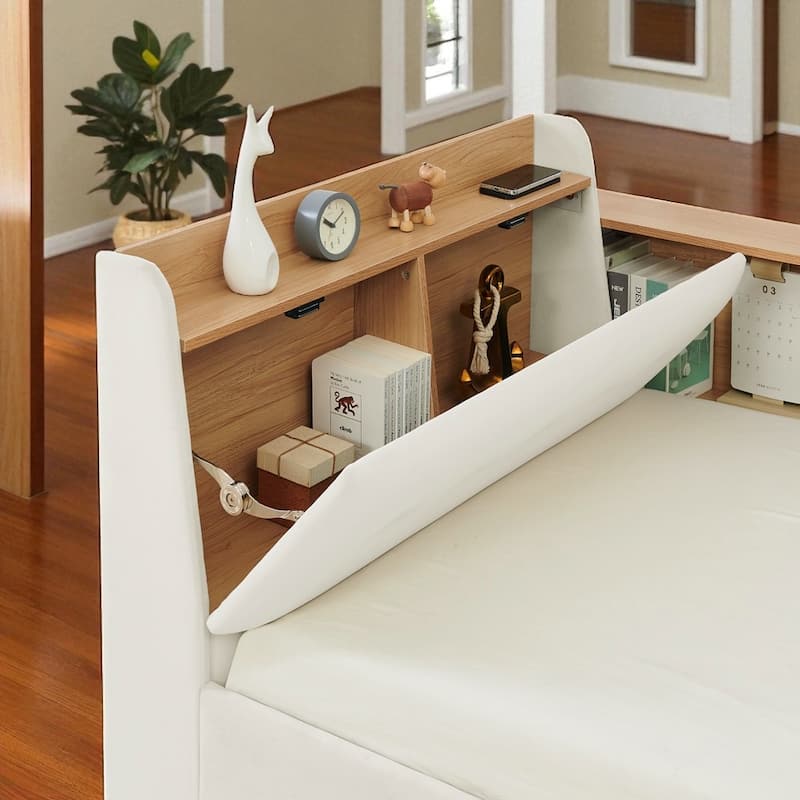 Twin Size Velvet Upholstered Daybed with Storage Headboard, Pop-up Trundle, LED Lights & Wireless Charging