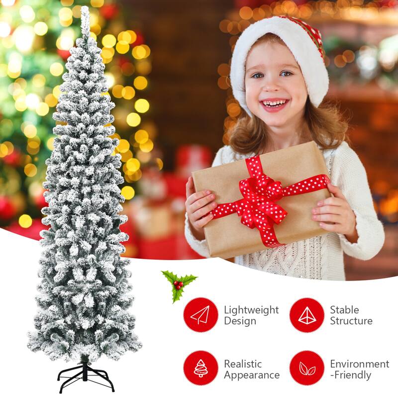 Gymax 7.5ft Snow Flocked Pencil Christmas Tree Artificial Pine Tree w/ - See Details